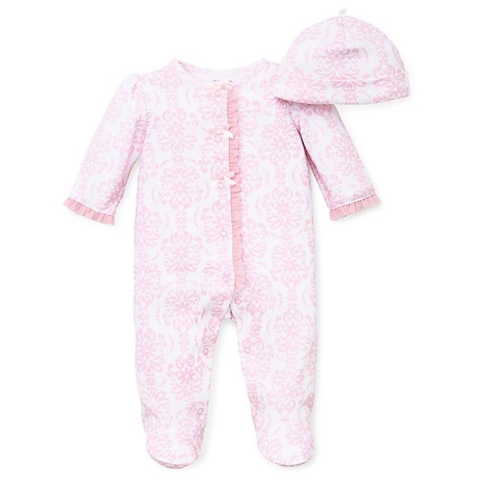 slide 1 of 1, Little Me Preemie Damask Scroll Footie and Hat Set - Pink, 2 ct