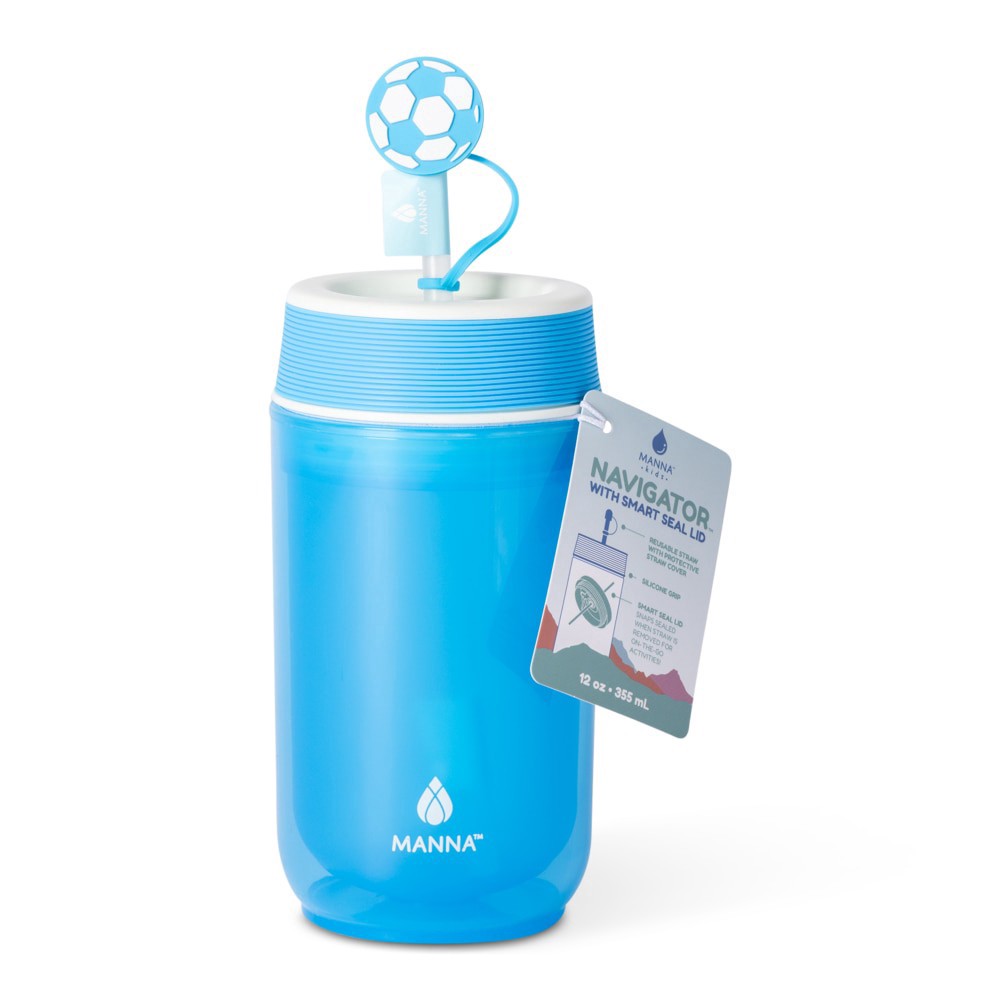 slide 3 of 3, Manna™ Navigator Bottle Plastic with Soccer Ball Straw Topper, 12 oz
