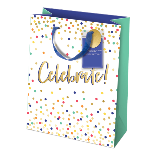 slide 1 of 1, Lady Jayne Gift Bag with Tissue Paper - Celebrate Dots, 11 in x 13 3/4 in x 4 in