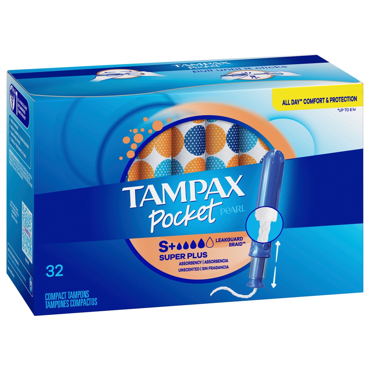 slide 2 of 9, Tampax Pocket Pearl Compact Tampons Super Plus Absorbency with BPA-Free Plastic Applicator and LeakGuard Braid, Unscented, 32 Count, 32 ct