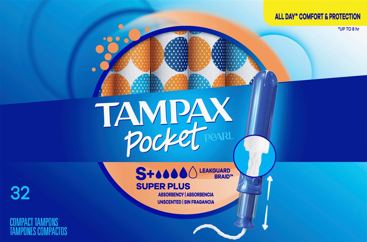 slide 5 of 9, Tampax Pocket Pearl Compact Tampons Super Plus Absorbency with BPA-Free Plastic Applicator and LeakGuard Braid, Unscented, 32 Count, 32 ct