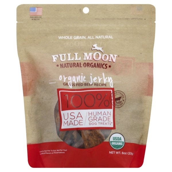 slide 1 of 6, Full Moon Natural Organics Grass Fed Beef Jerky Dog Treats, 8 oz