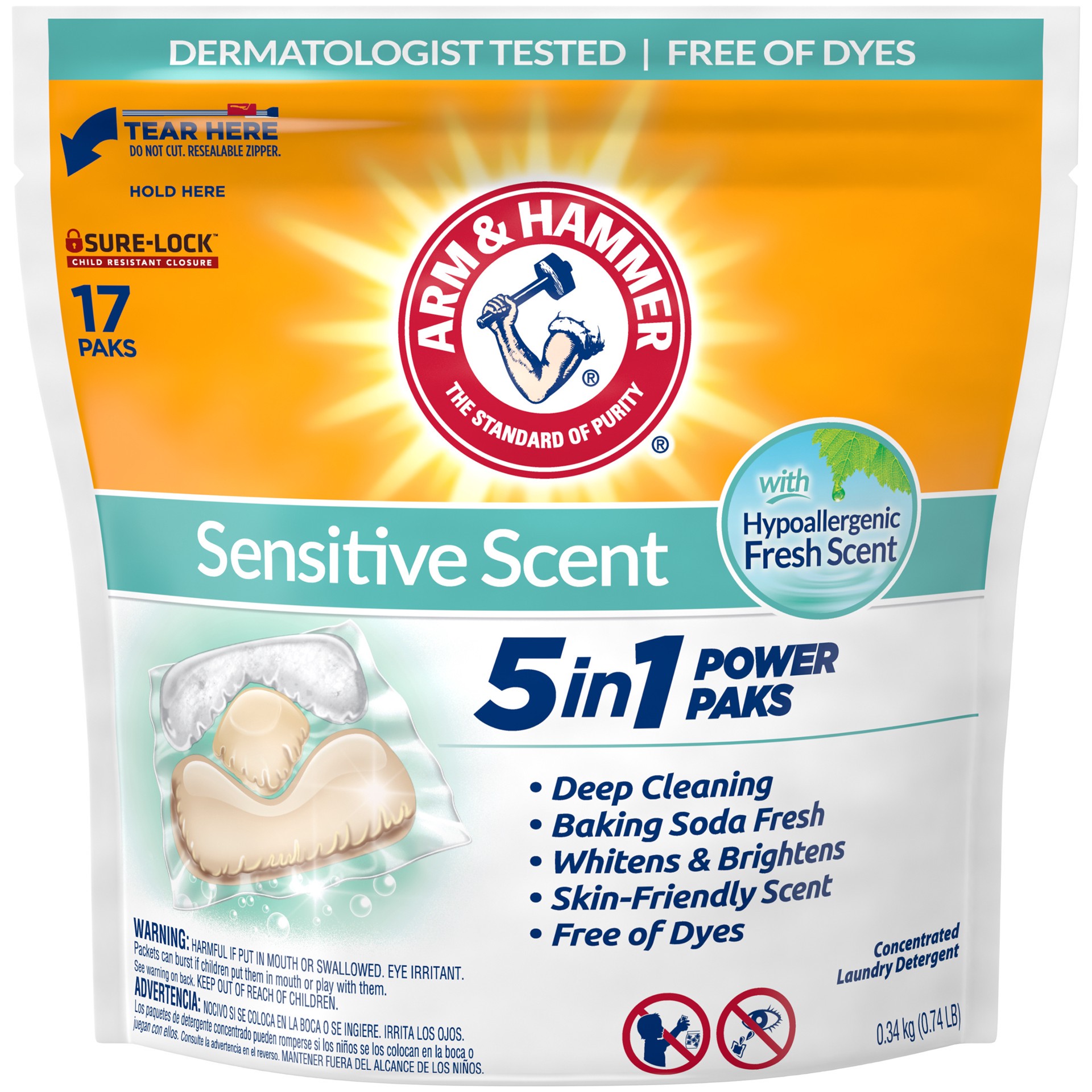 slide 1 of 5, ARM & HAMMER Arm  Hammer Sensitive Scent 5-in-1 Laundry Detergent Power Paks, 17 Count, 17 ct