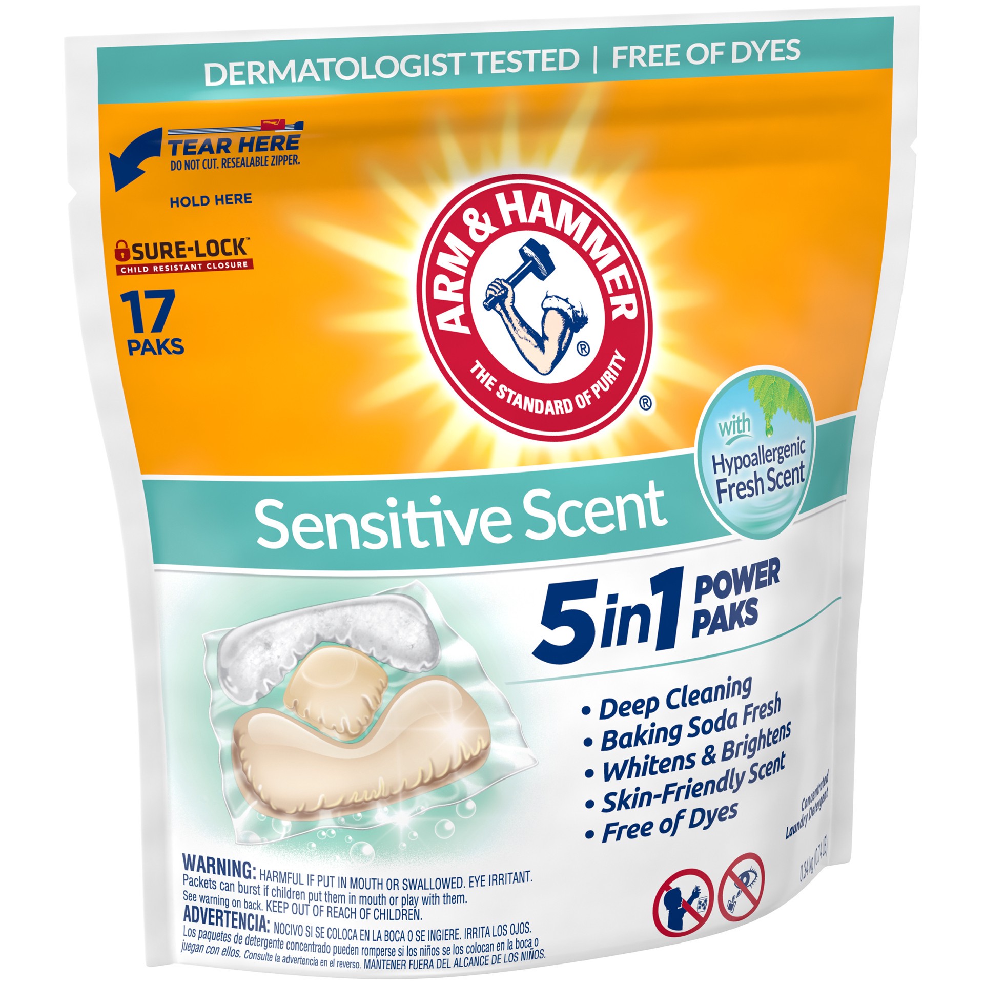 slide 2 of 5, ARM & HAMMER Arm  Hammer Sensitive Scent 5-in-1 Laundry Detergent Power Paks, 17 Count, 17 ct