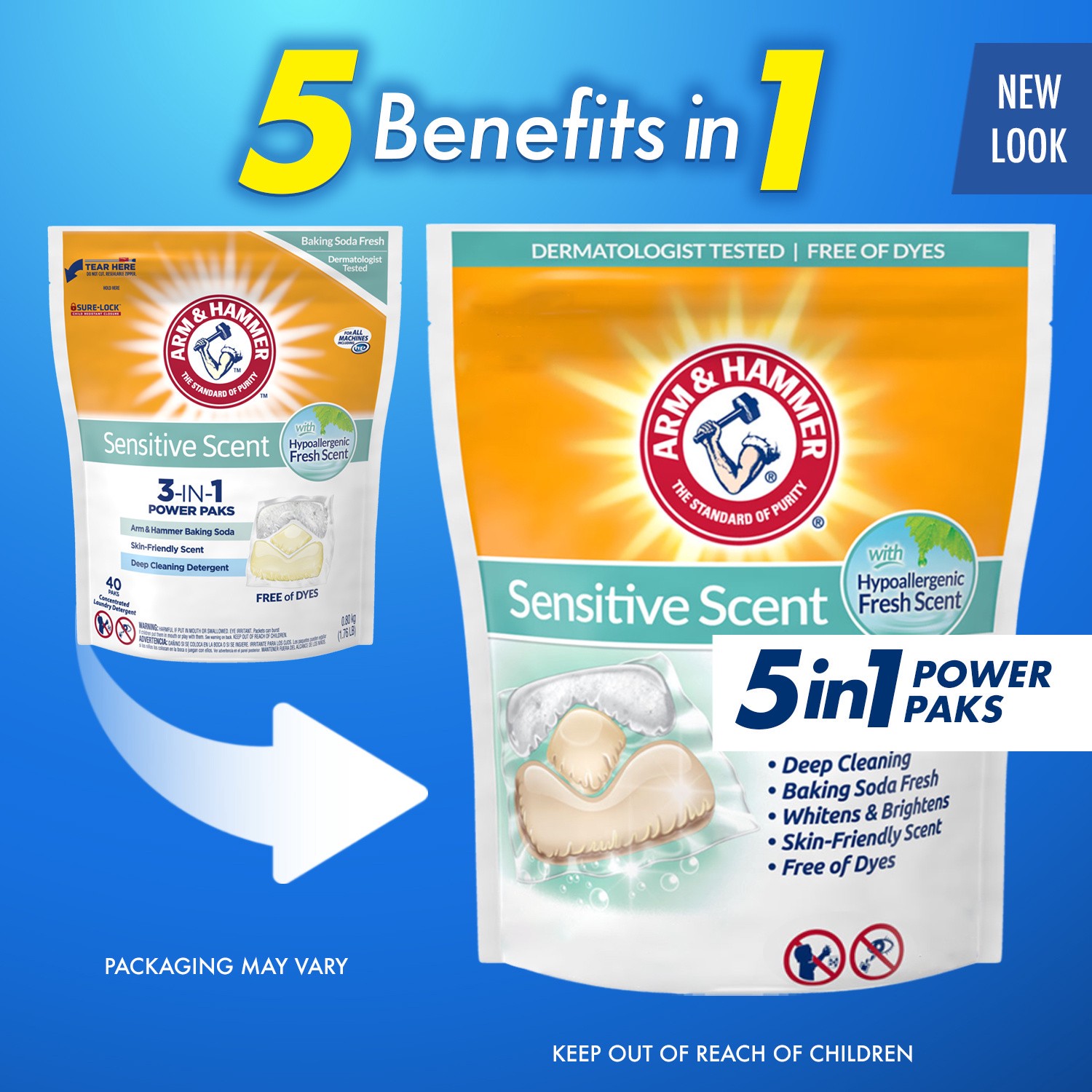 slide 4 of 5, ARM & HAMMER Arm  Hammer Sensitive Scent 5-in-1 Laundry Detergent Power Paks, 17 Count, 17 ct