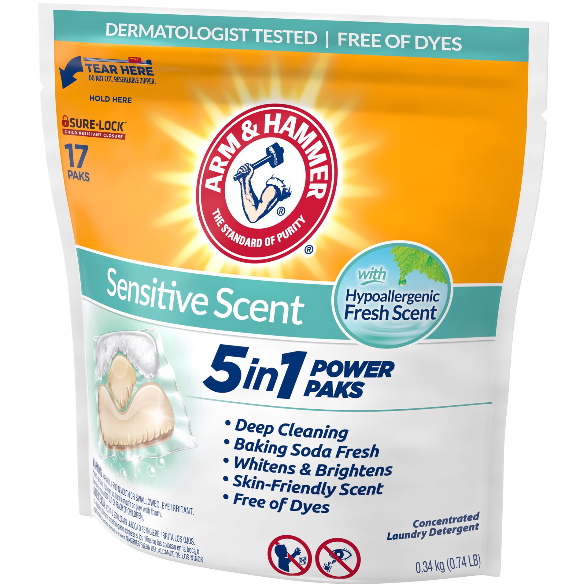 slide 5 of 5, ARM & HAMMER Arm  Hammer Sensitive Scent 5-in-1 Laundry Detergent Power Paks, 17 Count, 17 ct