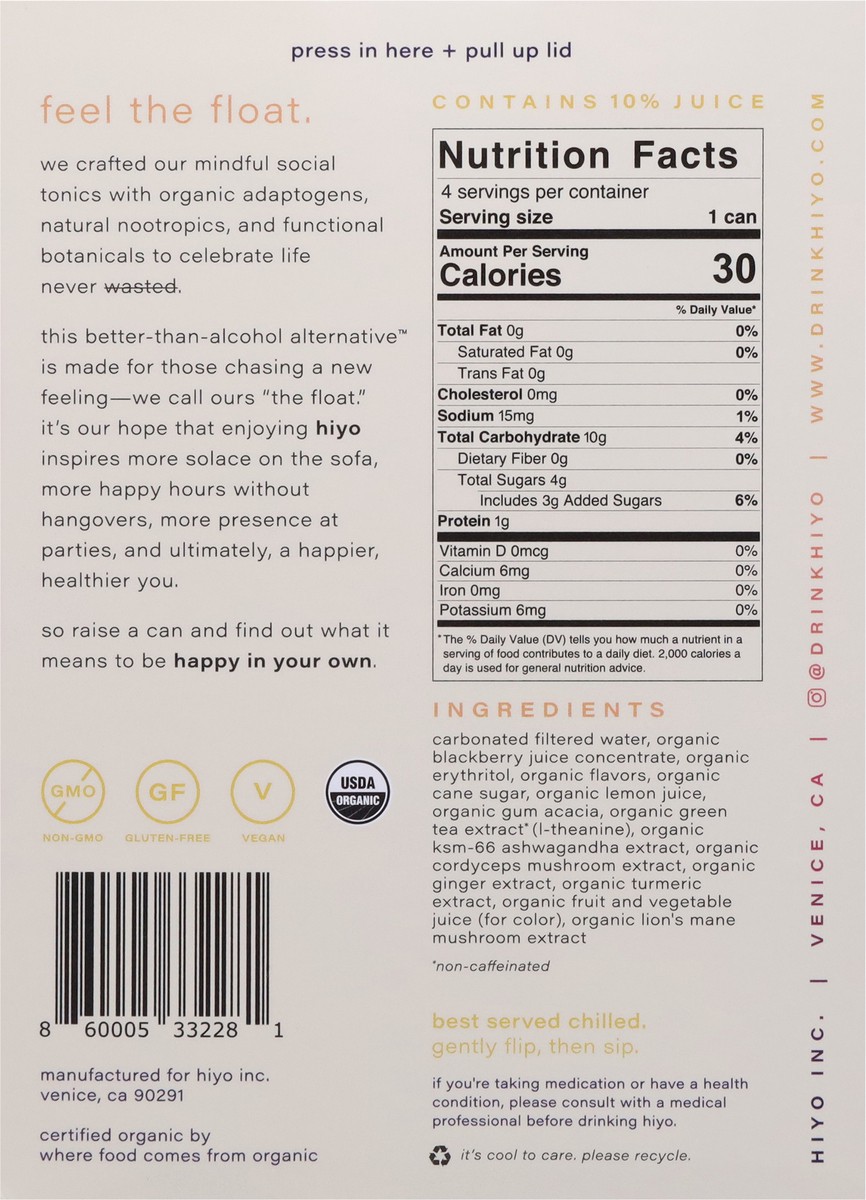 slide 12 of 13, Hiyo Organic Blackberry Lemon Functional Seltzer 4 - 12 fl oz Cans, 4 ct; 12 oz