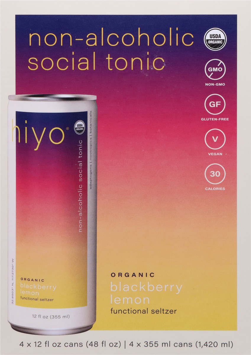 slide 11 of 13, Hiyo Organic Blackberry Lemon Functional Seltzer 4 - 12 fl oz Cans, 4 ct; 12 oz