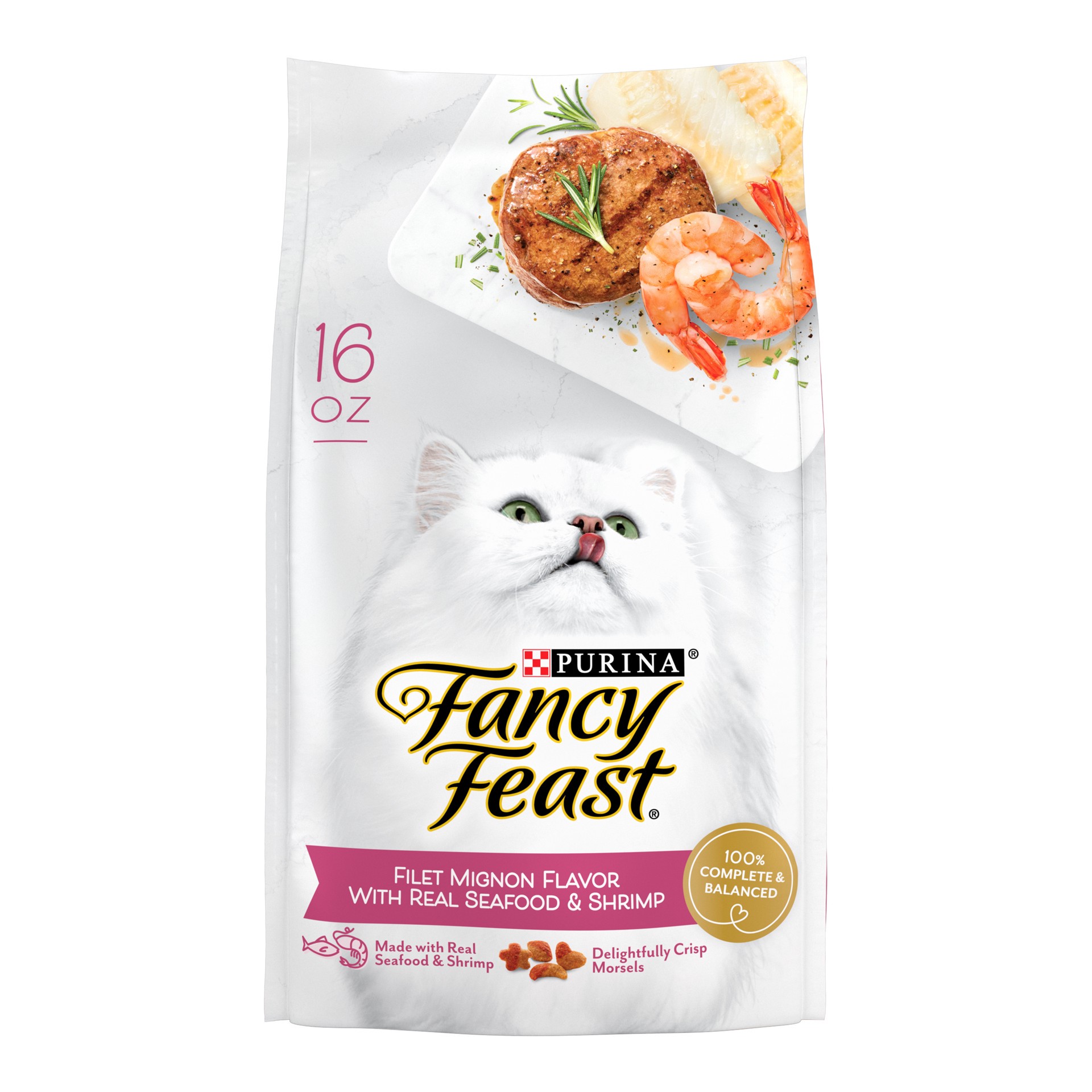 slide 1 of 9, Fancy Feast Purina Fancy Feast Dry Cat Food Filet Mignon Flavor With Seafood and Shrimp, 1 lb