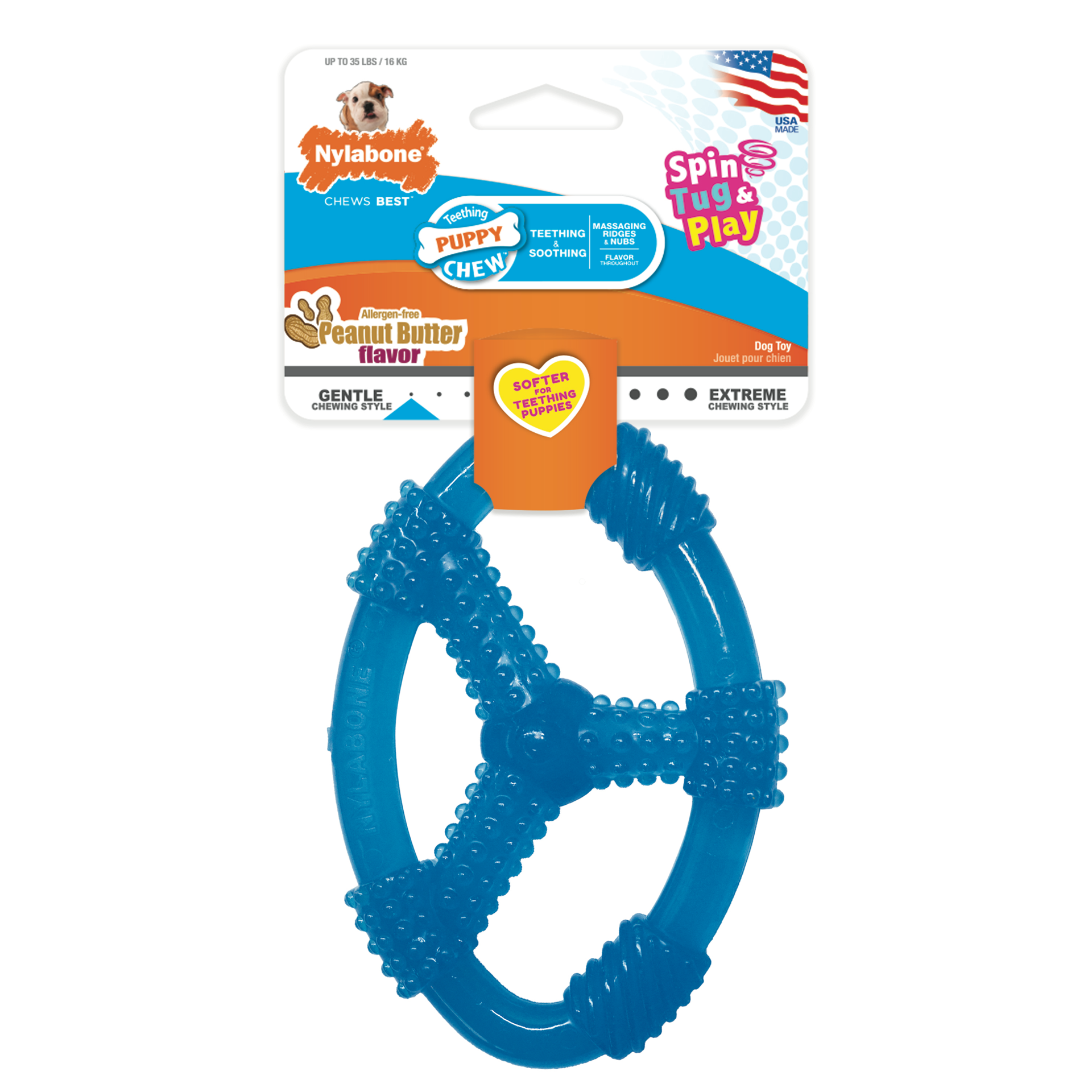 slide 6 of 10, Nylabone Puppy Chew Spin Tug & Play Toy Peanut Butter Blue Medium/Wolf - Up to 35 lbs.(1 Count), 1 ct