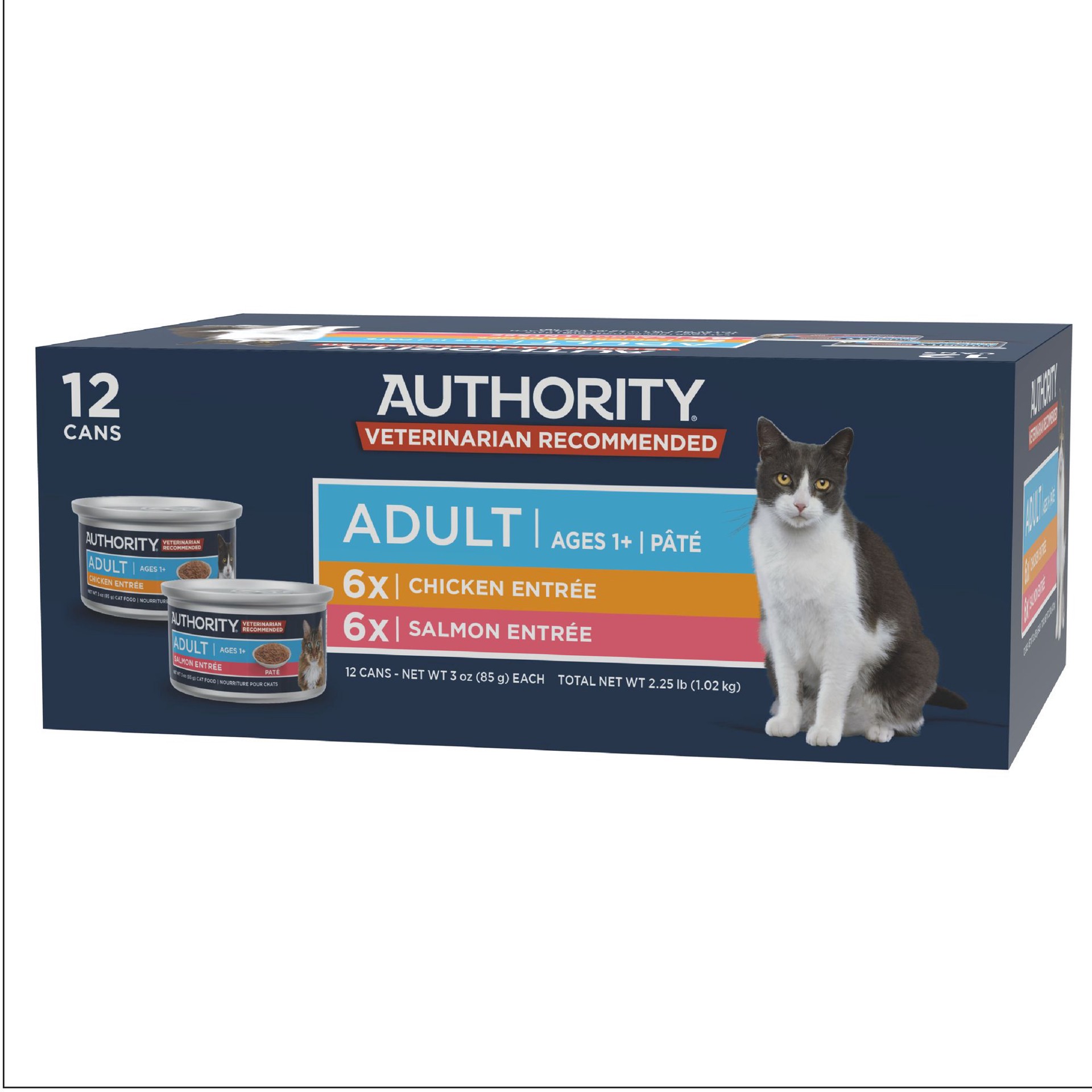 slide 1 of 1, Authority Cat - Adult, Wet Food, Everyday Health, Pate, Chicken, Salmon, Variety Pack, 12 Ct, 36 Oz, 12 ct