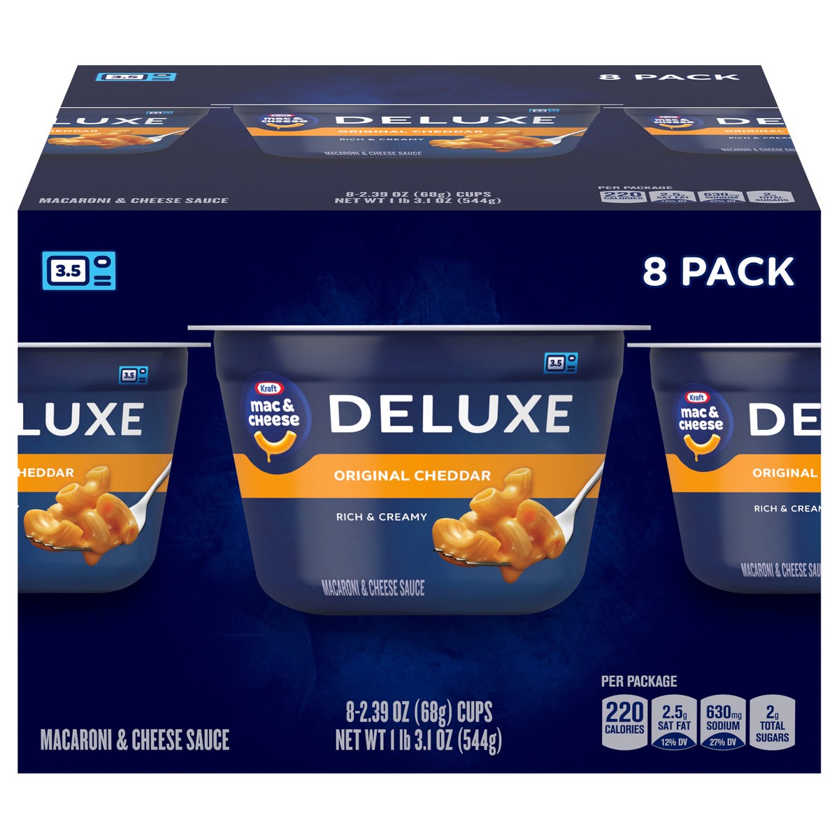 slide 2 of 4, Kraft Deluxe Original Mac & Cheese Macaroni and Cheese Dinner Microwavable Dinner, 8 ct Box, 2.39 oz Cups, 8 ct