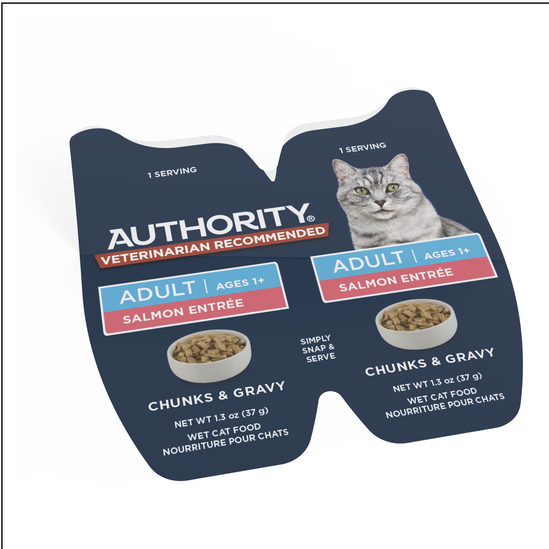 slide 1 of 1, Authority Cat - Adult, Wet Food, Split Cup, Chunks, Gravy, Salmon, 2.65 Oz, 2.65 oz