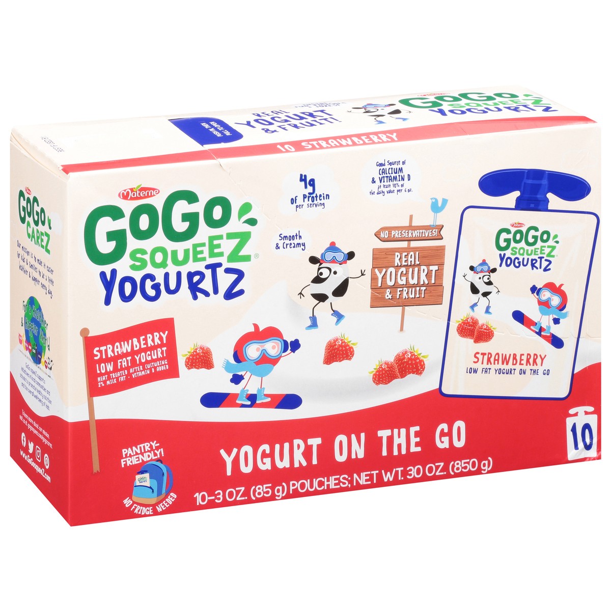 slide 4 of 9, GoGo squeeZ yogurtZ Low fat Strawberry Yogurt Snack Pouches, 3 oz (10 Pack), 10 ct