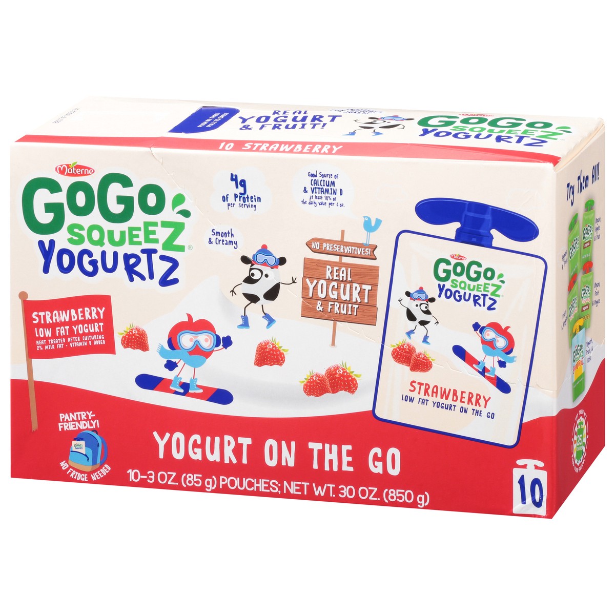 slide 6 of 9, GoGo squeeZ yogurtZ Low fat Strawberry Yogurt Snack Pouches, 3 oz (10 Pack), 10 ct