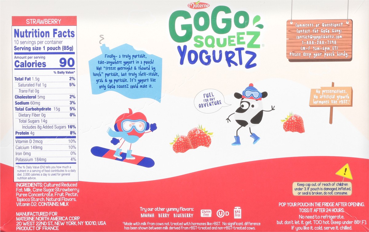 slide 3 of 9, GoGo squeeZ yogurtZ Low fat Strawberry Yogurt Snack Pouches, 3 oz (10 Pack), 10 ct