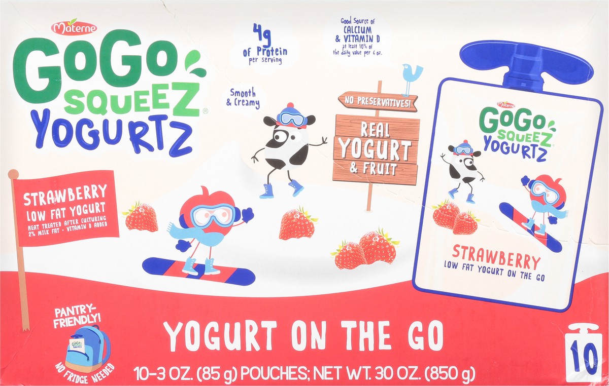 slide 7 of 9, GoGo squeeZ yogurtZ Low fat Strawberry Yogurt Snack Pouches, 3 oz (10 Pack), 10 ct