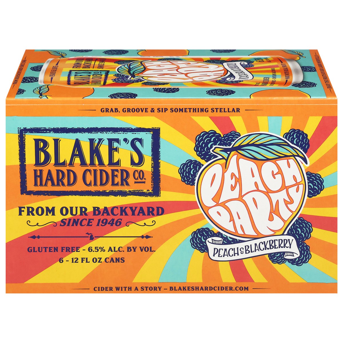 slide 1 of 9, Blake's Hard Cider Co. Peach Party Peach & Blackberry Hard Cider 6 - 12 fl oz Cans, 6 ct; 12 oz