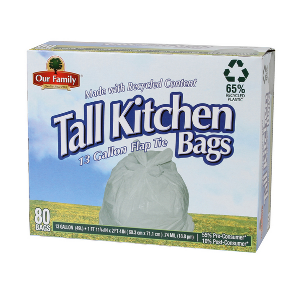 Our Family Flap Tie Tall Kitchen Trash Bags With Recycled Content 80 ct