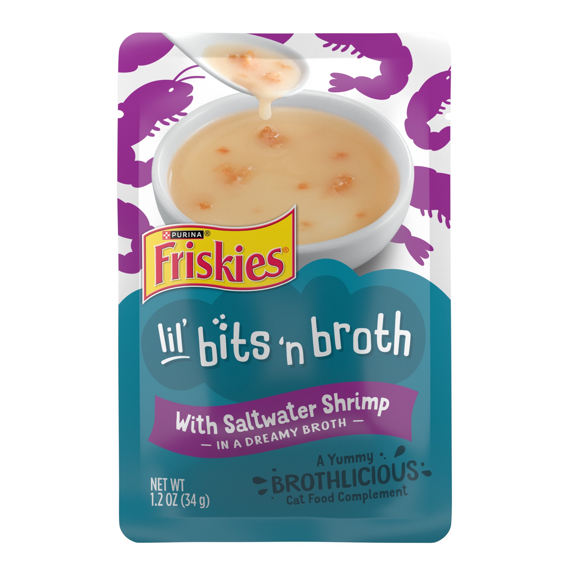 slide 1 of 7, Friskies Purina Friskies Lickable Cat Food Toppers Bits ‘n Broth With Saltwater Shrimp in a Dreamy Broth, 1.2 oz