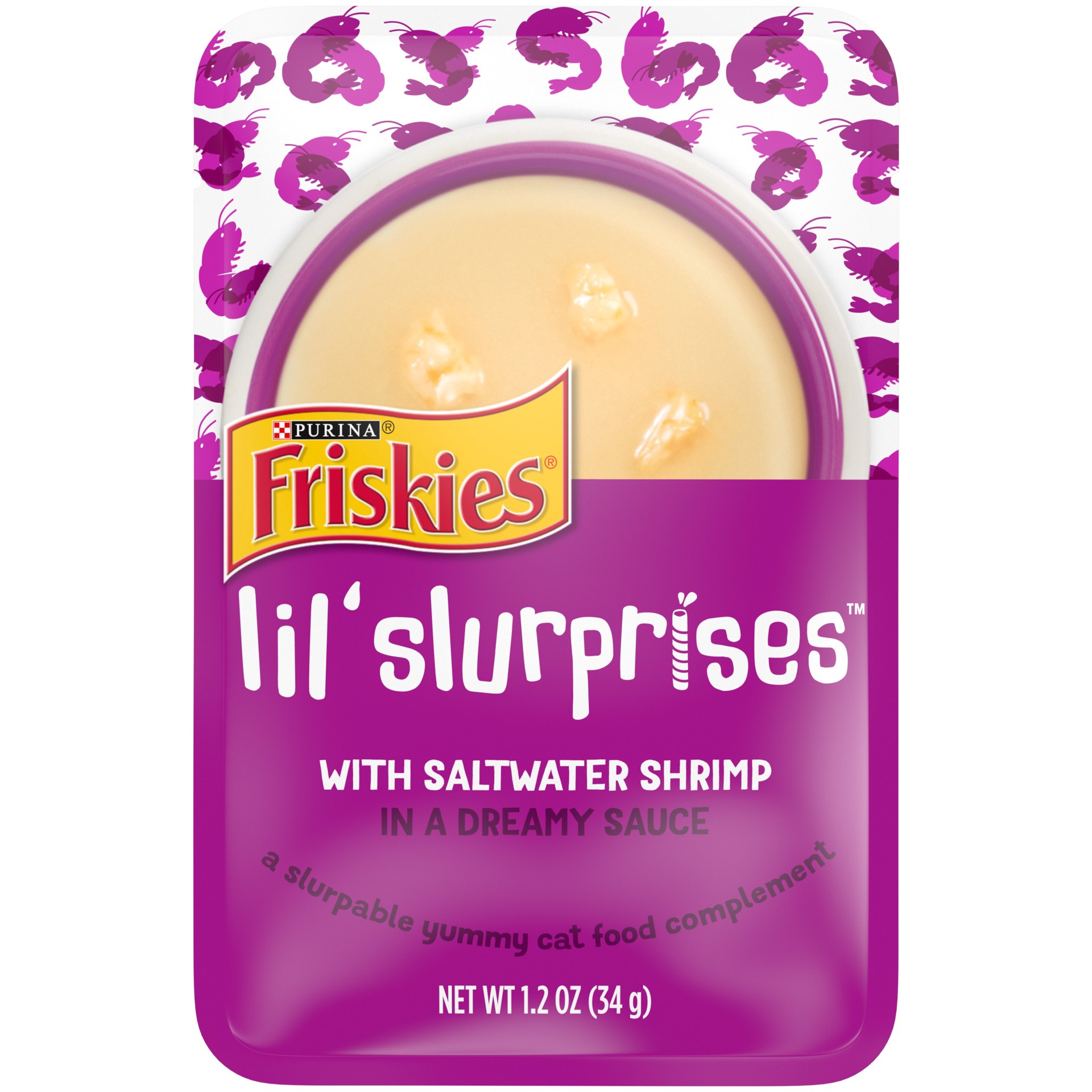 slide 1 of 7, Friskies Purina Friskies Cat Food Lickable Cat Treats, Lil'' Slurprises With Saltwater Shrimp, 1.2 oz