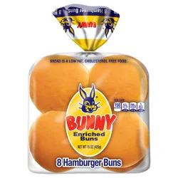 Bunny Bread Hamburger Buns, Enriched Sliced White Bread Hamburger Buns, 8 Count