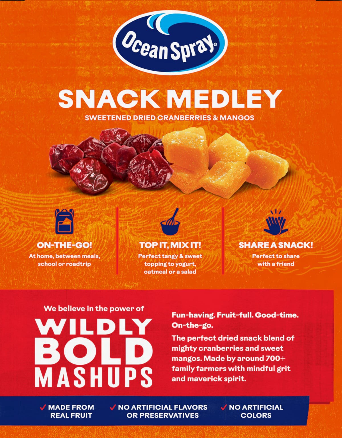 slide 5 of 5, Ocean Spray Mango Cran™ Snack Medley, Cranberry and Mango Dried Fruit Snack, 1 Oz Pouches, 5 Count, 5 oz