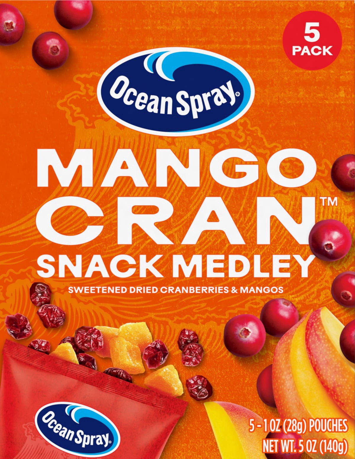 slide 1 of 5, Ocean Spray Mango Cran™ Snack Medley, Cranberry and Mango Dried Fruit Snack, 1 Oz Pouches, 5 Count, 5 oz