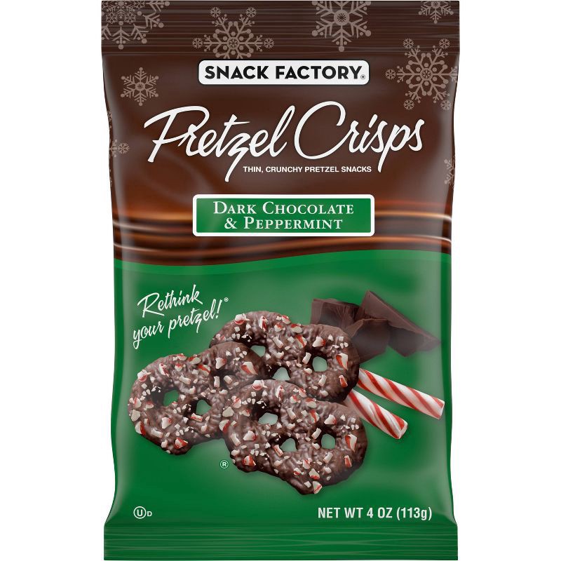 slide 1 of 5, Snack Factory Pretzel Crisps Holiday Peppermint Dark Chocolate Covered Pretzels, 4 Oz, 4 oz