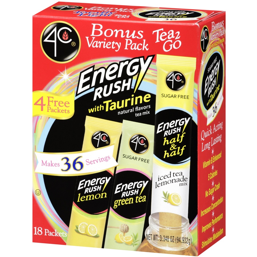 slide 3 of 3, 4C Tea 2 Go Energy Rush Instant Tea Mix Packets Variety Pack, 18 ct