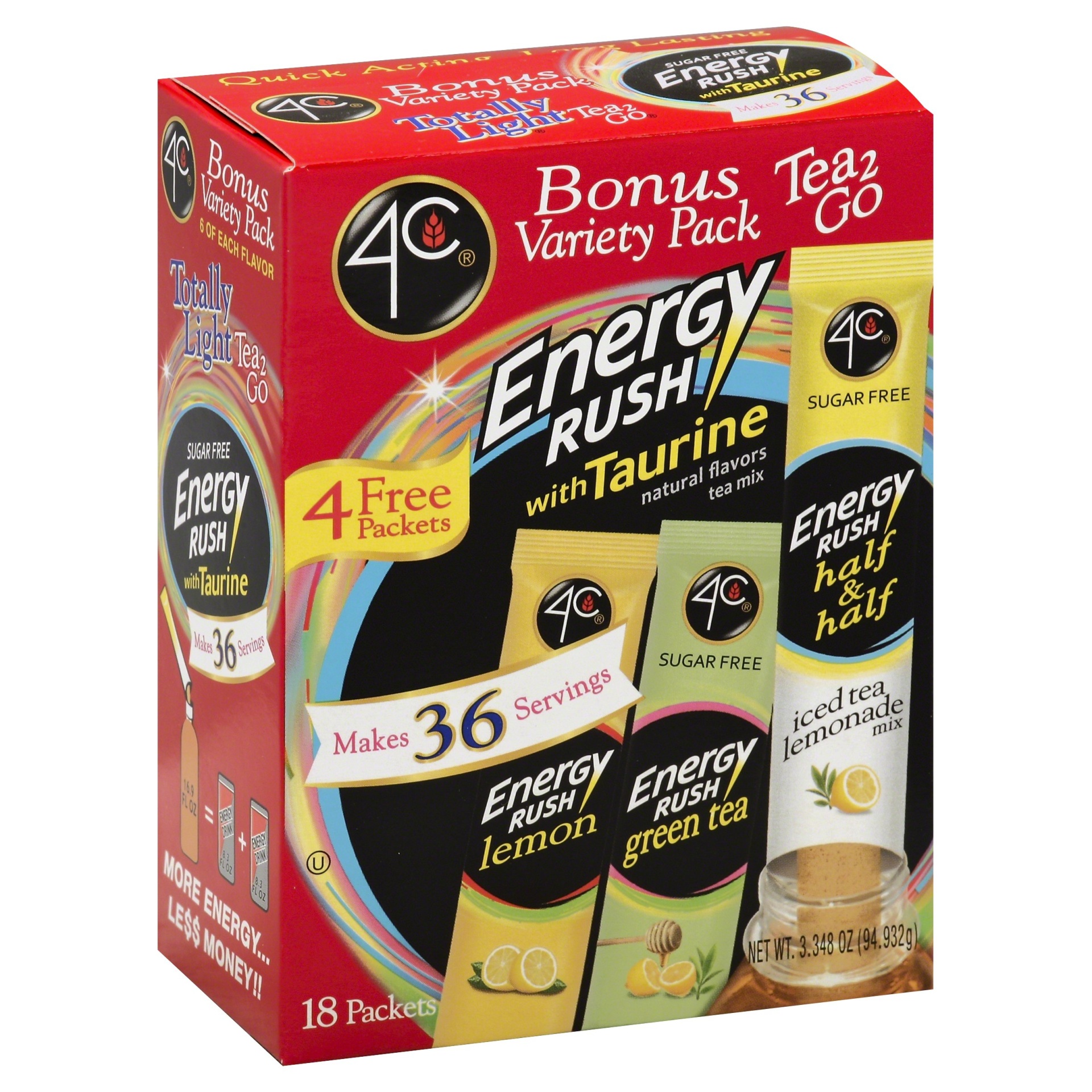 slide 1 of 3, 4C Tea 2 Go Energy Rush Instant Tea Mix Packets Variety Pack, 18 ct