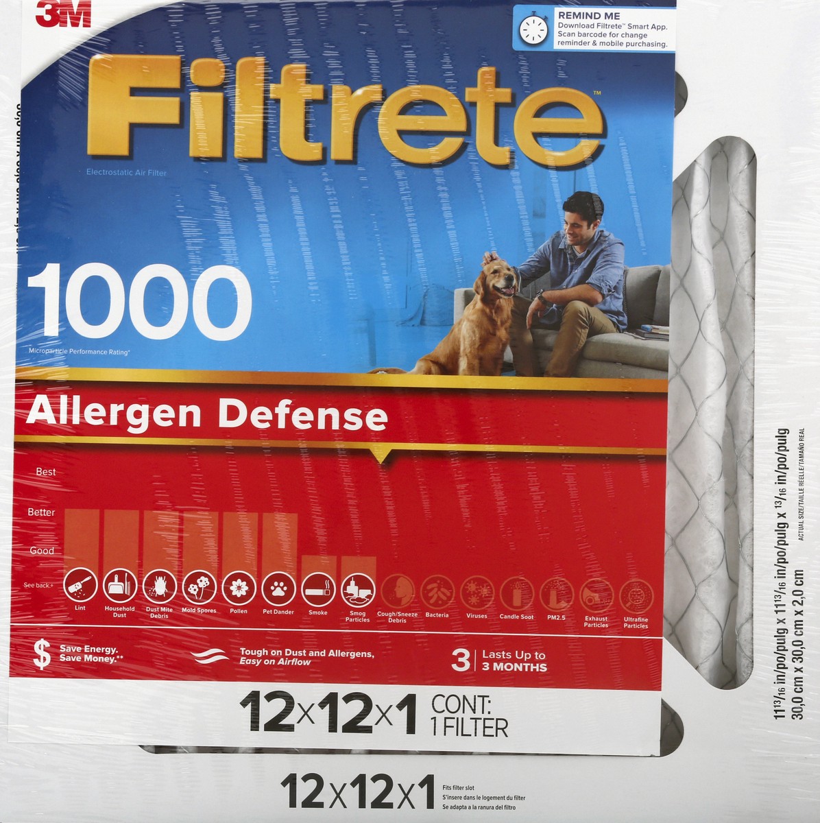 slide 1 of 9, Filtrete 1000 Allergen Defense 12x12x1 Inches Air Filter 1 ea, 1 ct