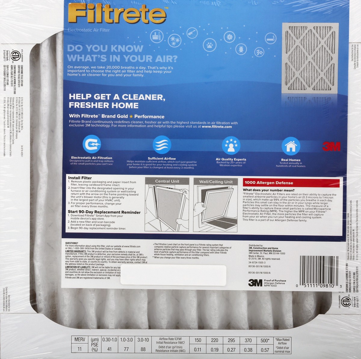 slide 5 of 9, Filtrete 1000 Allergen Defense 12x12x1 Inches Air Filter 1 ea, 1 ea