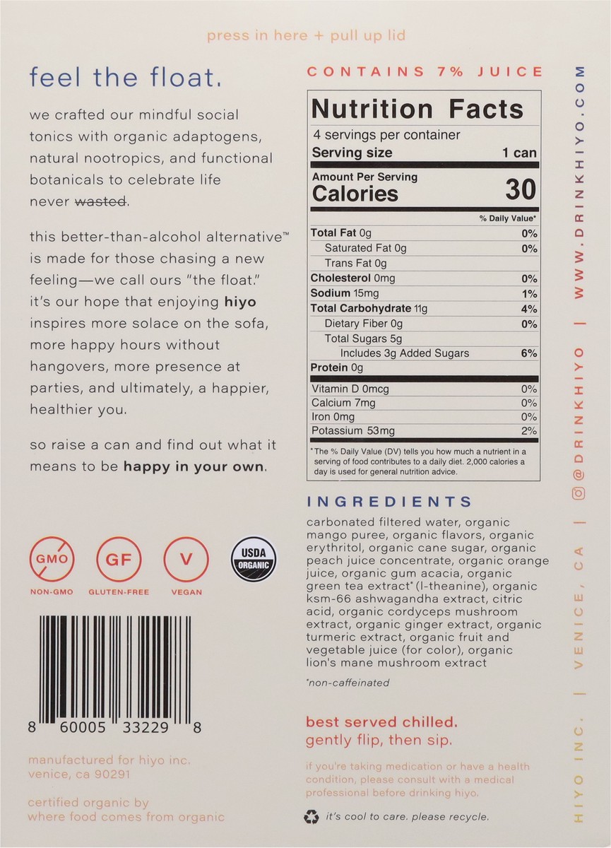 slide 8 of 13, Hiyo Peach Mango Organic Social Tonic 4pk, 4 ct