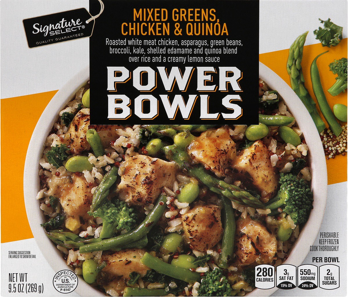 slide 9 of 9, Signature Select Mixed Greens Chicken & Quinoa Roasted White Meat Chicken Asparagus Green Beans Broccoli Kale Shelled Edamame And Quinoa Blend Over Rice And A Creamy Lemon Sauce Power Bowls, 9.5 oz