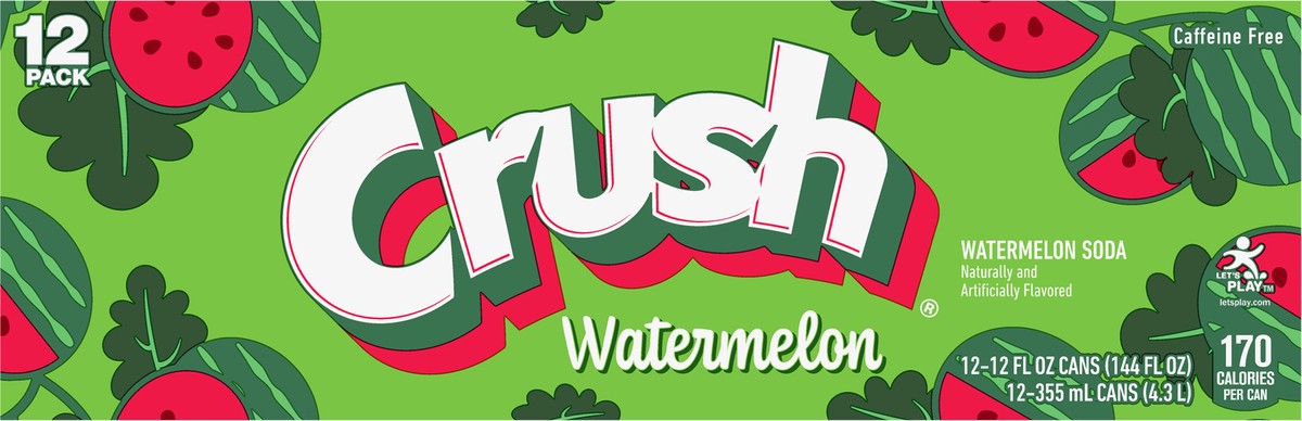 slide 2 of 12, Crush Watermelon Soda, 12 fl oz cans, 12 pack, 144 fl oz