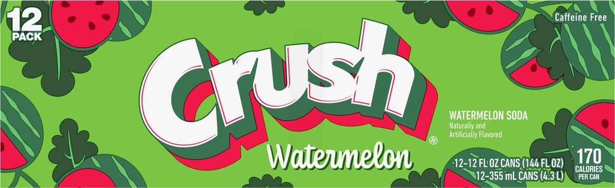 slide 3 of 12, Crush Watermelon Soda, 12 fl oz cans, 12 pack, 144 fl oz