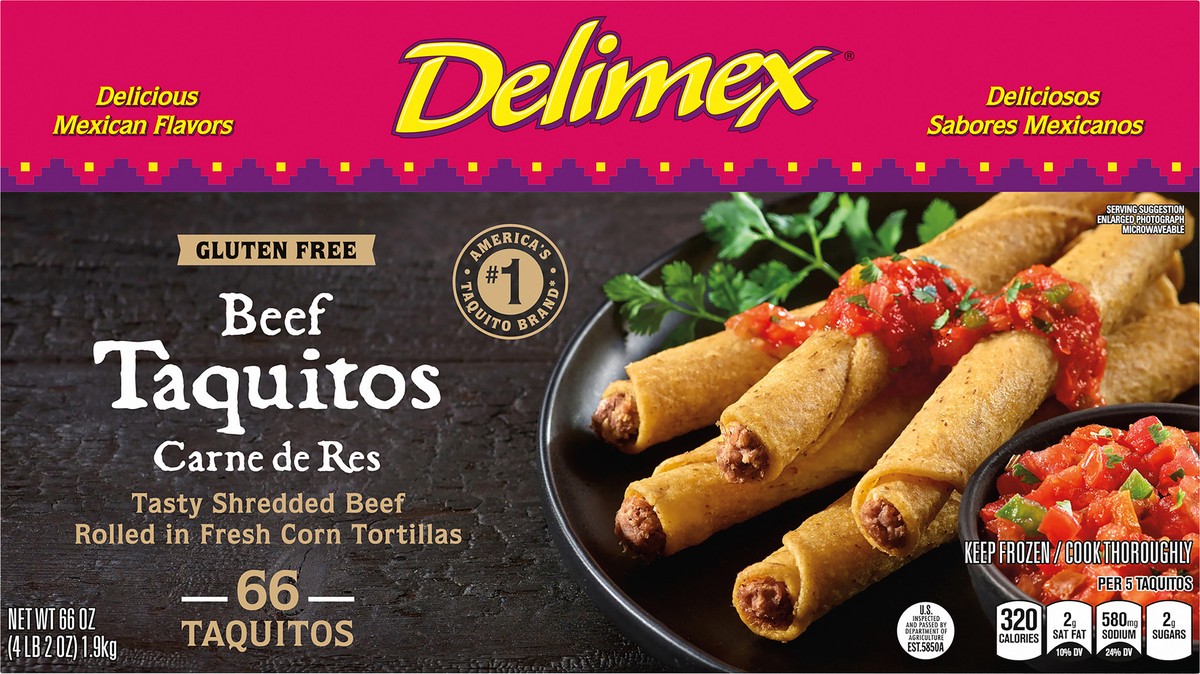 slide 13 of 14, Delimex Beef Gluten Free Corn Taquitos Frozen Snacks, 66 ct Box, 