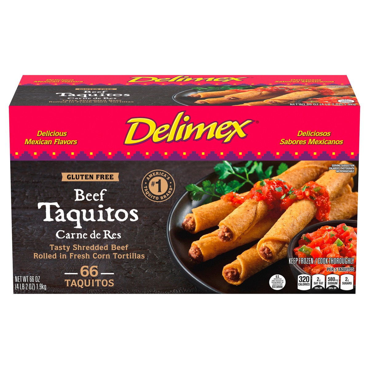 slide 14 of 14, Delimex Beef Gluten Free Corn Taquitos Frozen Snacks, 66 ct Box, 