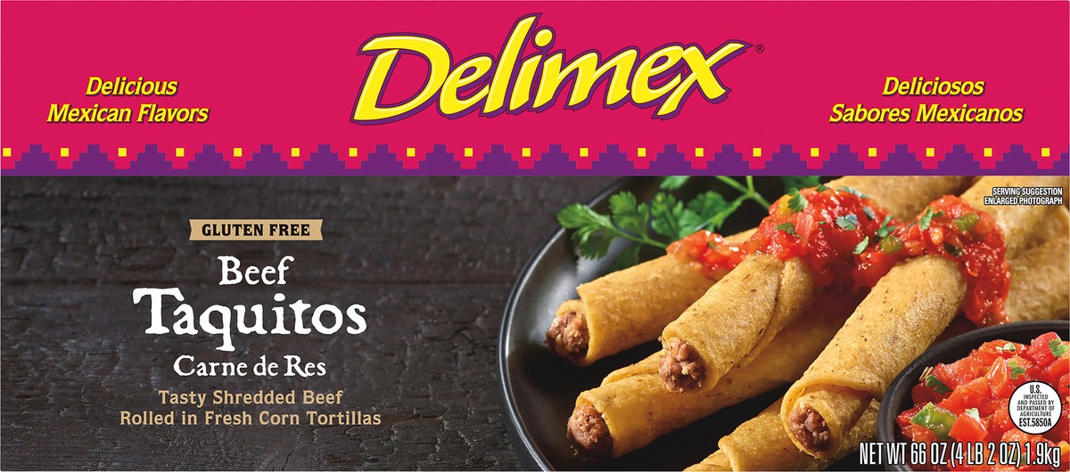 slide 9 of 14, Delimex Beef Gluten Free Corn Taquitos Frozen Snacks, 66 ct Box, 