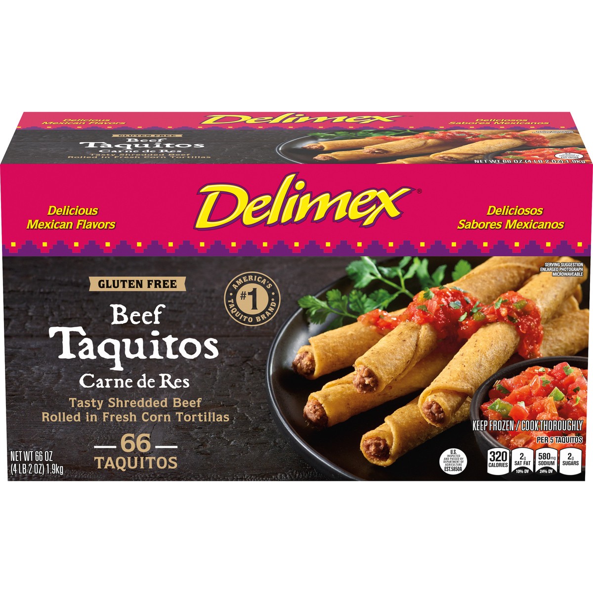 slide 1 of 14, Delimex Beef Gluten Free Corn Taquitos Frozen Snacks, 66 ct Box, 