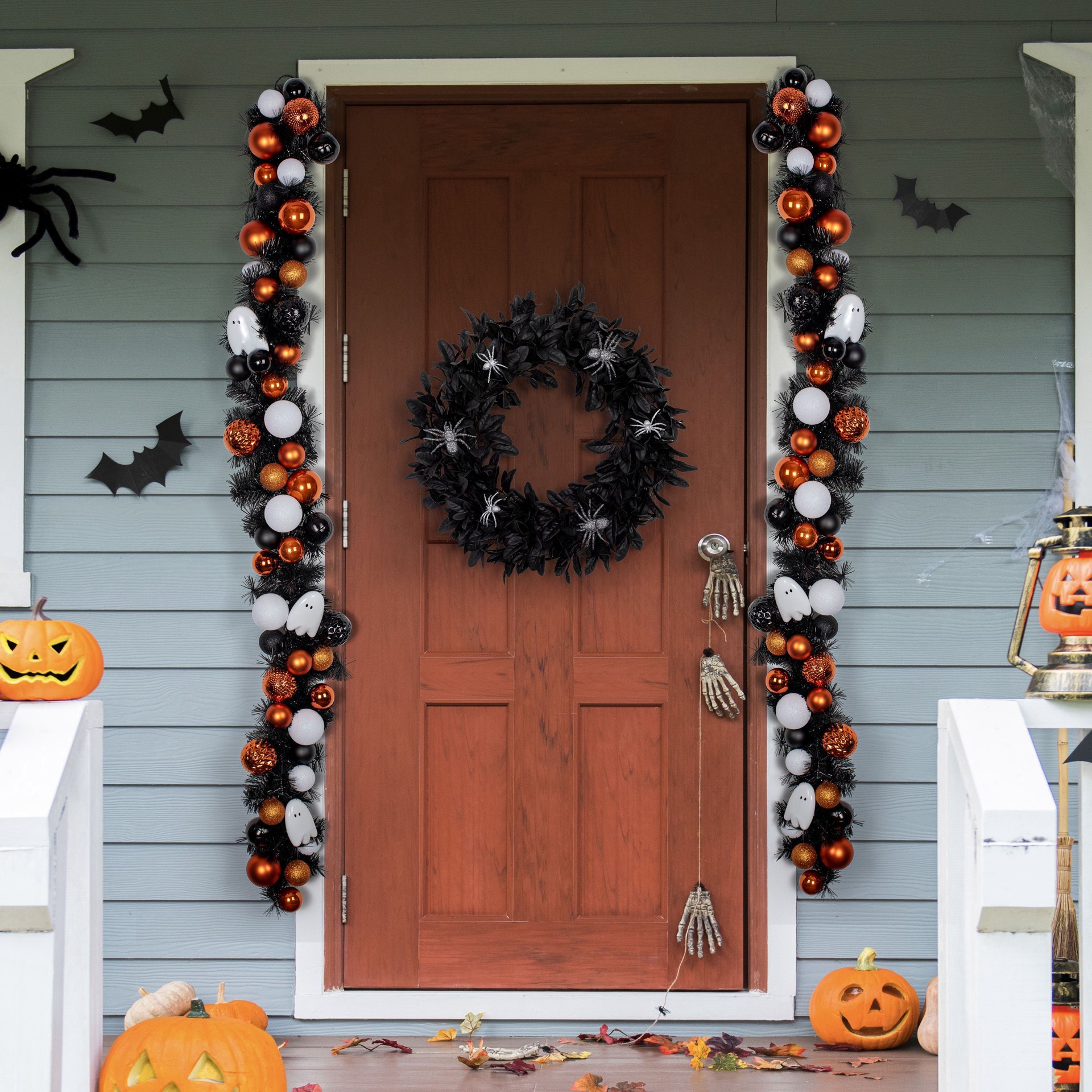slide 3 of 5, 6ft. Orange, Black & White Ghost & Ornament Garland By Ashland, 6 ft