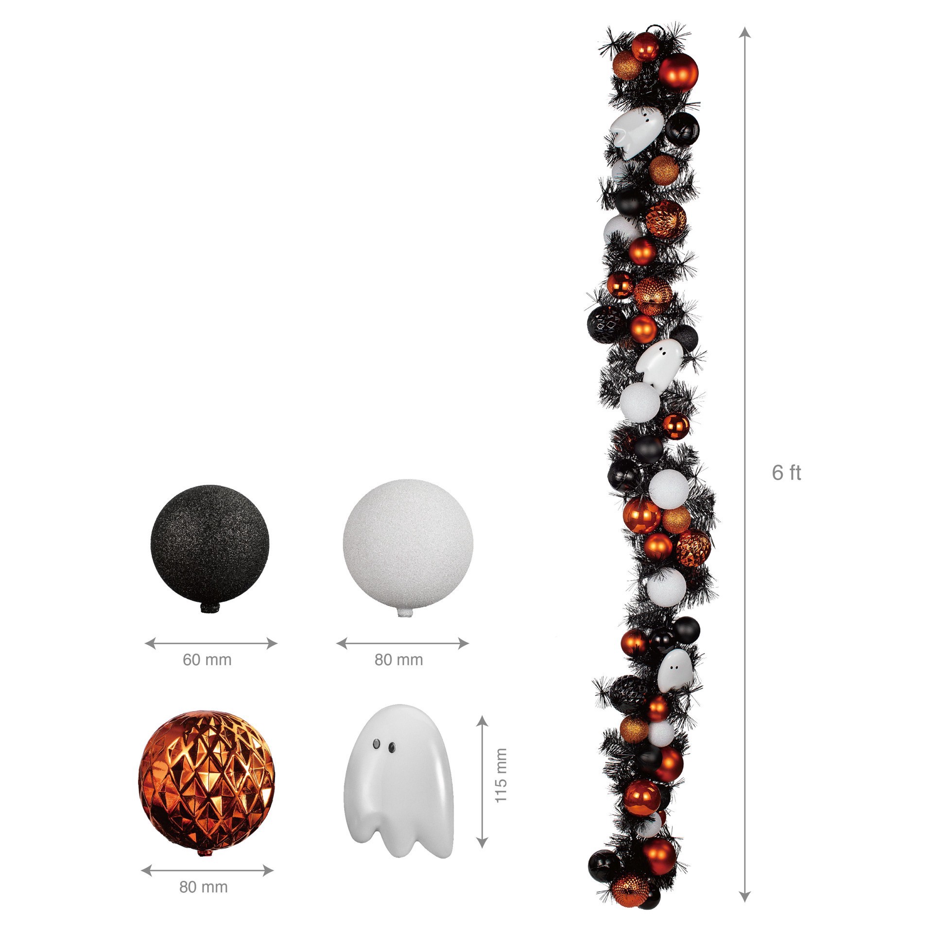 slide 5 of 5, 6ft. Orange, Black & White Ghost & Ornament Garland By Ashland, 6 ft