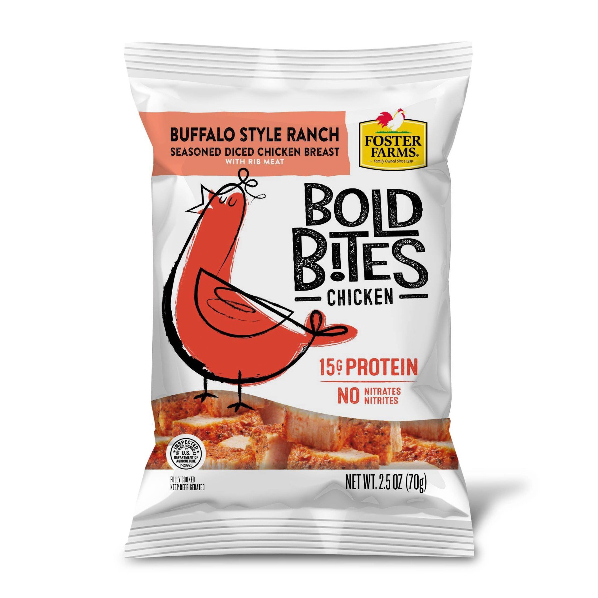 slide 1 of 3, Foster Farms Bold Bites Buffalo Style Ranch Seasoned Diced Chicken Breast, 2.5 oz