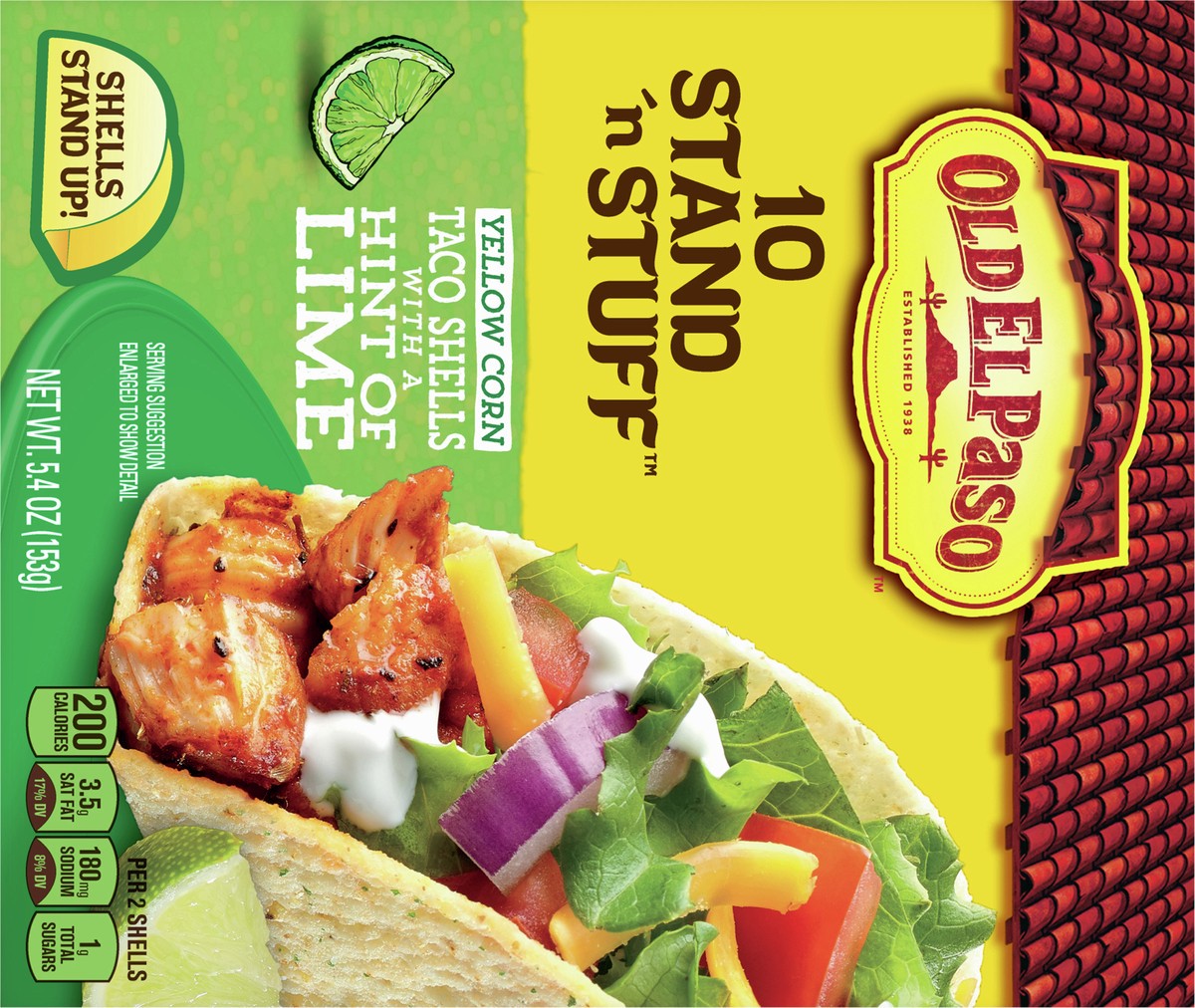 slide 2 of 13, Old El Paso Stand ‘N Stuff Taco Shells, Hint of Lime Flavored, Gluten Free Crunchy Corn Taco Shells, 10 Count, 5.4 oz, 10 ct
