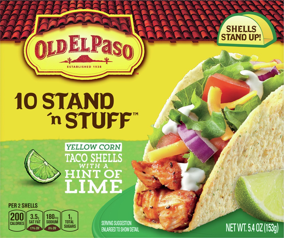 slide 9 of 13, Old El Paso Stand ‘N Stuff Taco Shells, Hint of Lime Flavored, Gluten Free Crunchy Corn Taco Shells, 10 Count, 5.4 oz, 10 ct