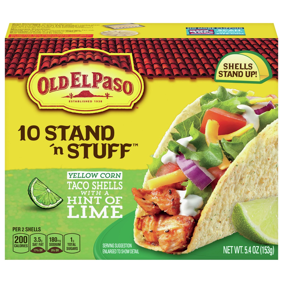 slide 1 of 13, Old El Paso Stand ‘N Stuff Taco Shells, Hint of Lime Flavored, Gluten Free Crunchy Corn Taco Shells, 10 Count, 5.4 oz, 10 ct