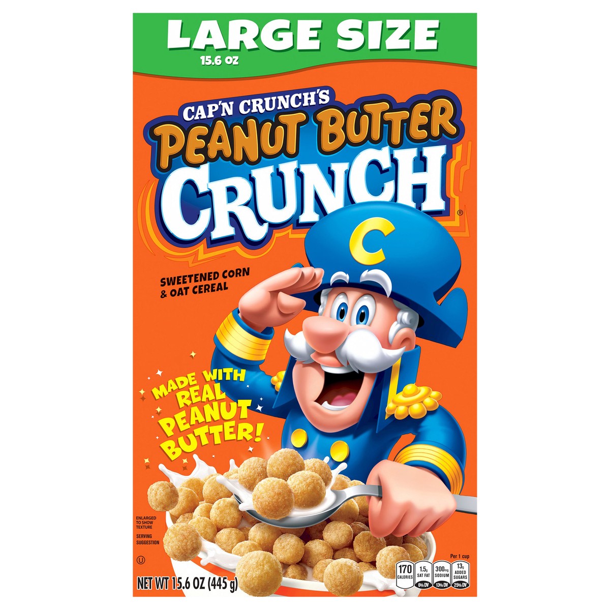 slide 4 of 10, Cap'n Crunch Cereal, Peanut Butter Crunch, Sweetened Corn & Oat, Large Size, 15.6 oz