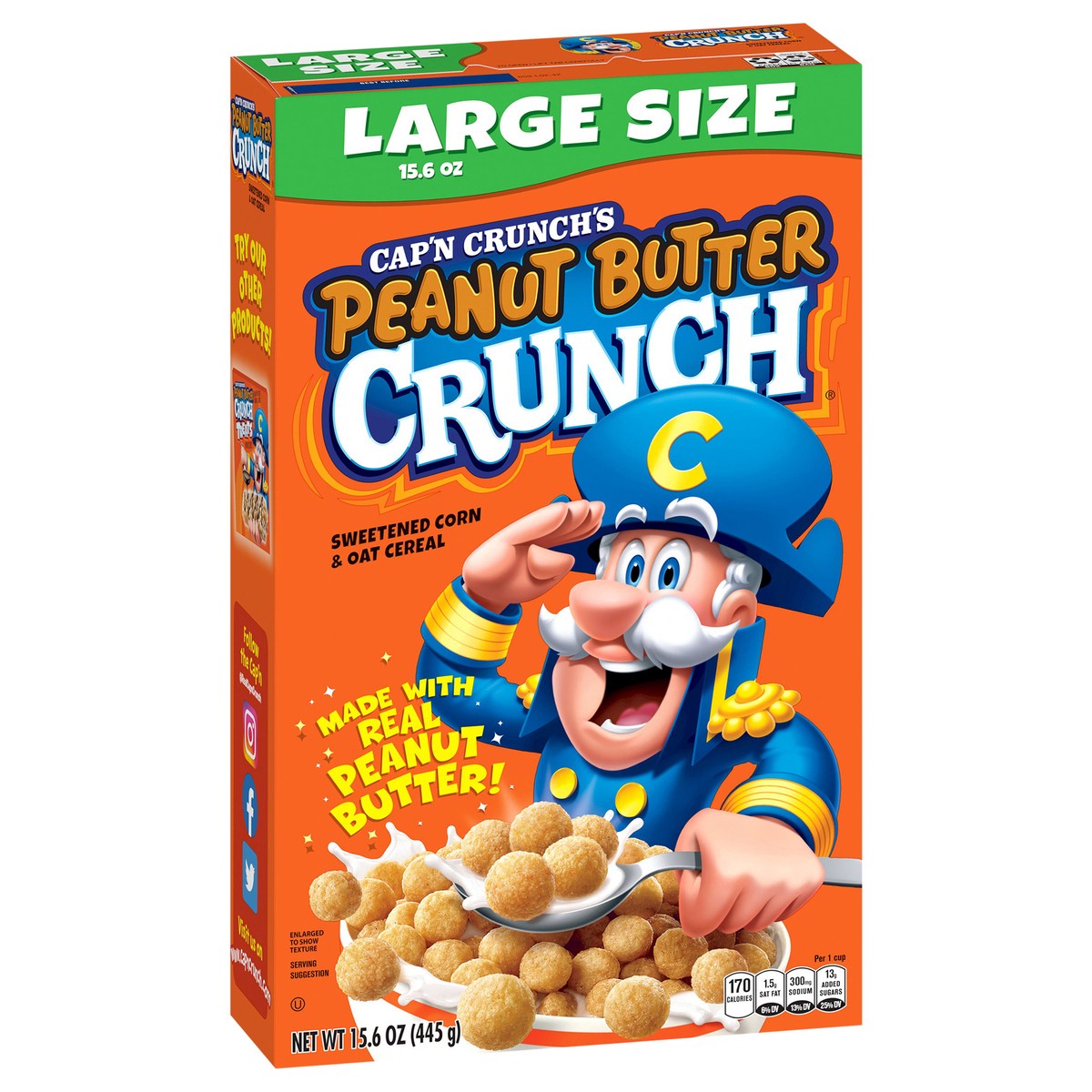 slide 2 of 10, Cap'n Crunch Cereal, Peanut Butter Crunch, Sweetened Corn & Oat, Large Size, 15.6 oz