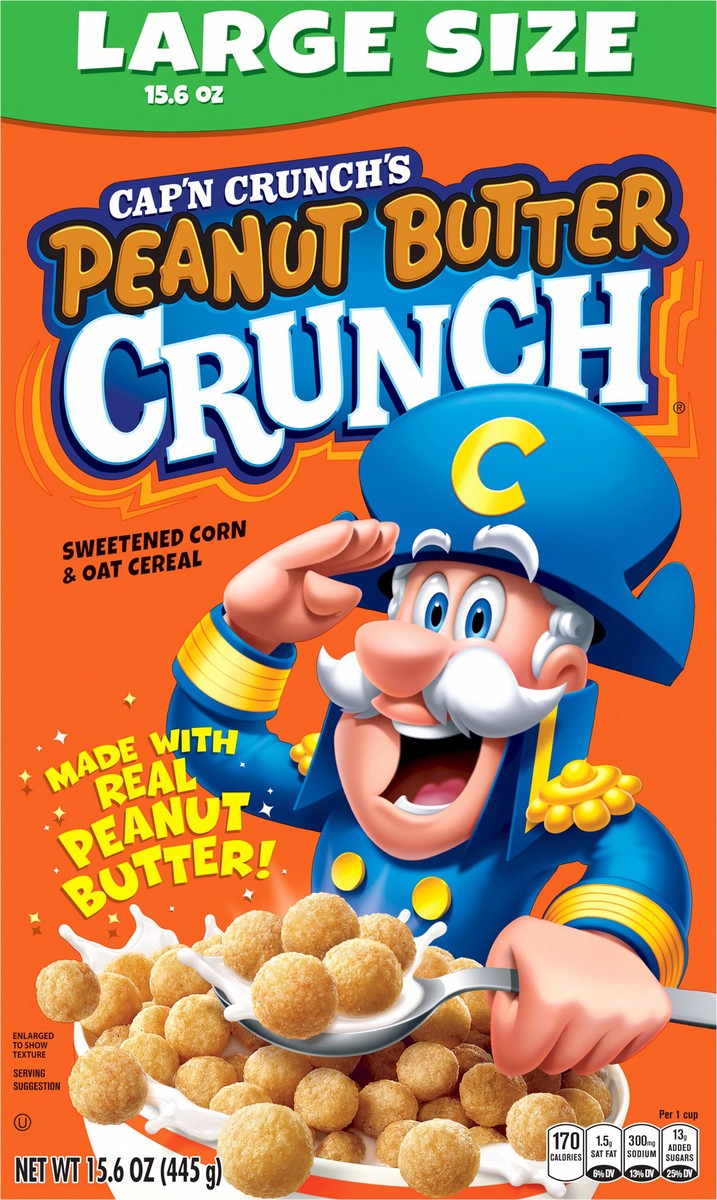 slide 8 of 10, Cap'n Crunch Cereal, Peanut Butter Crunch, Sweetened Corn & Oat, Large Size, 15.6 oz